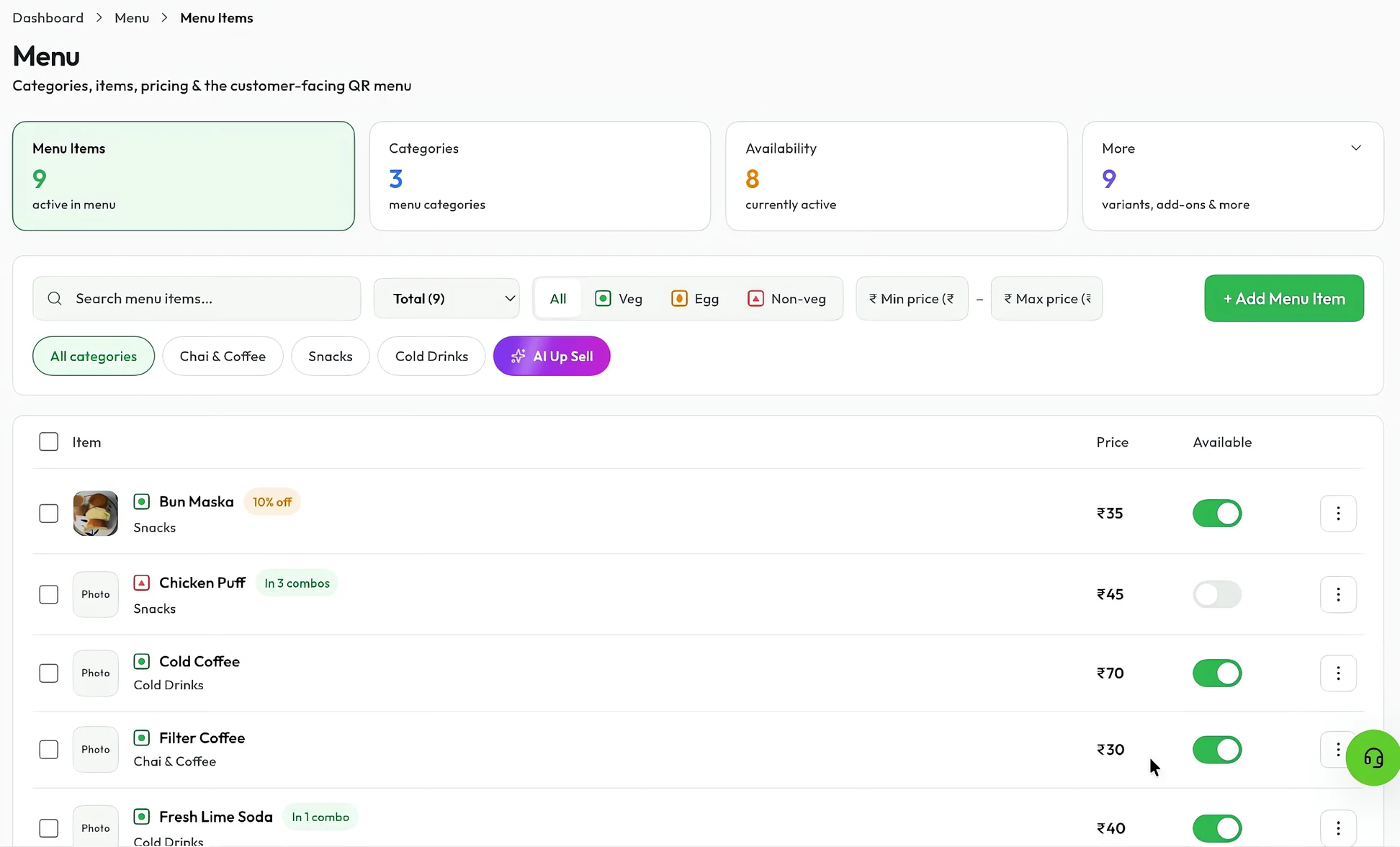 Ecomeal menu screen with items, categories and availability toggles